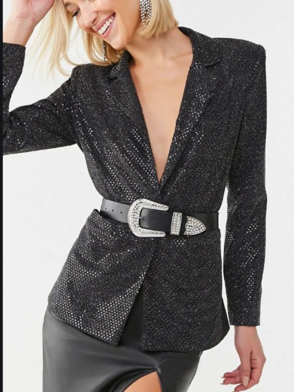 Forever 21 Black Silver Glitter & Sequin Blazer Small S